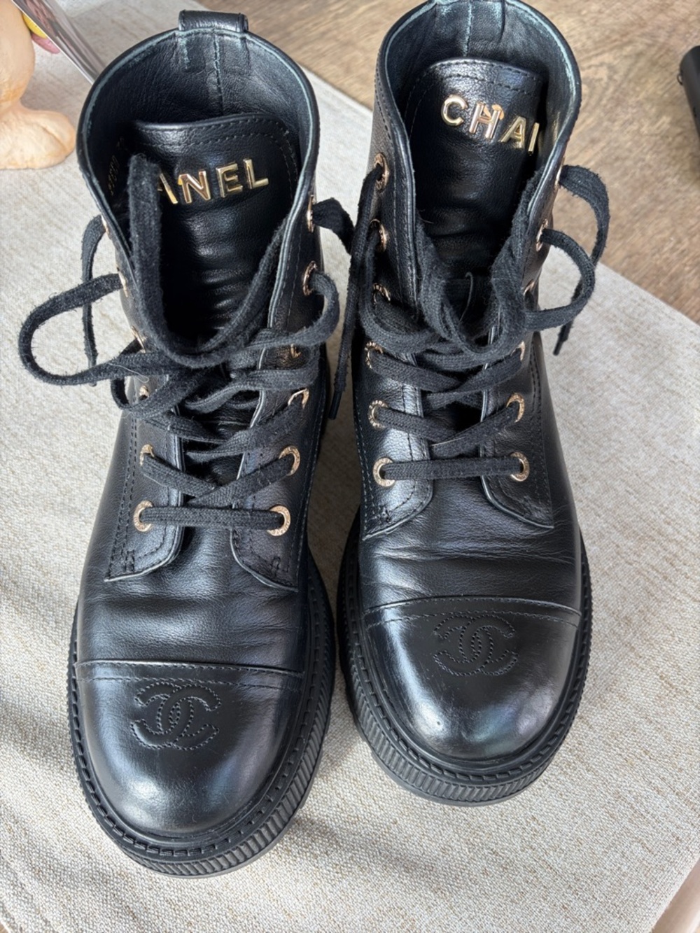 CHANEL Black Leather Lace-Up Platform Boots with Gold Hardware - Picture 2 of 8